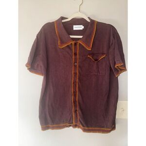 OXKNITSTORE Mens Knit Button Down Shirt Burgundy Cotton Retro Trim Large